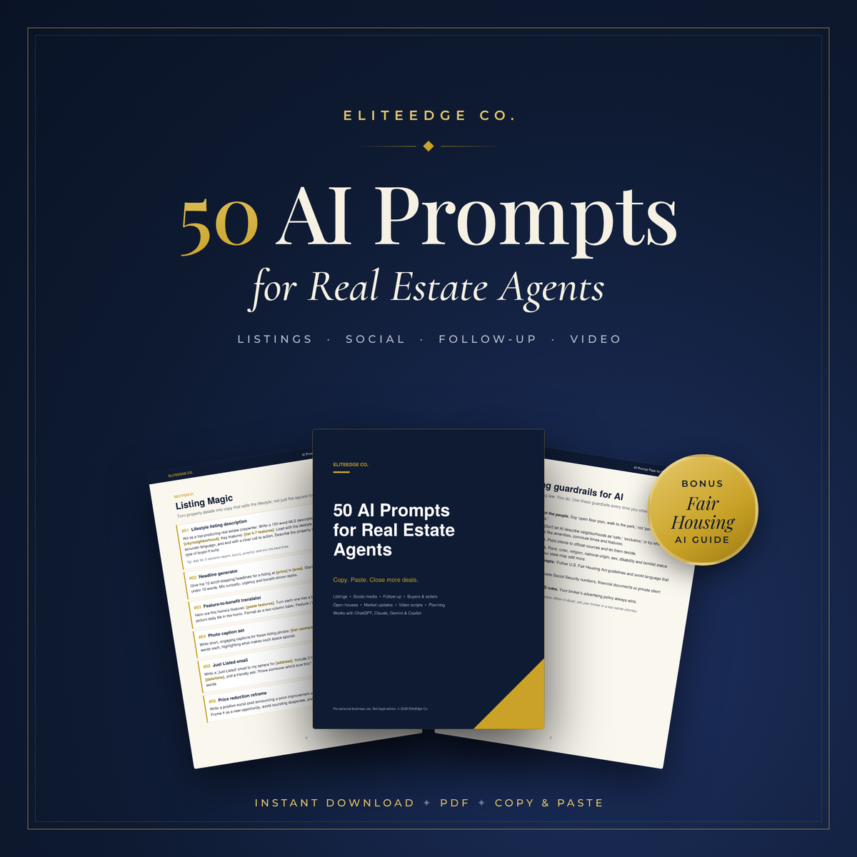 50 AI Prompts for Real Estate Agents | ChatGPT Prompt Pack for Listings, Social Media & Lead Follow-Up